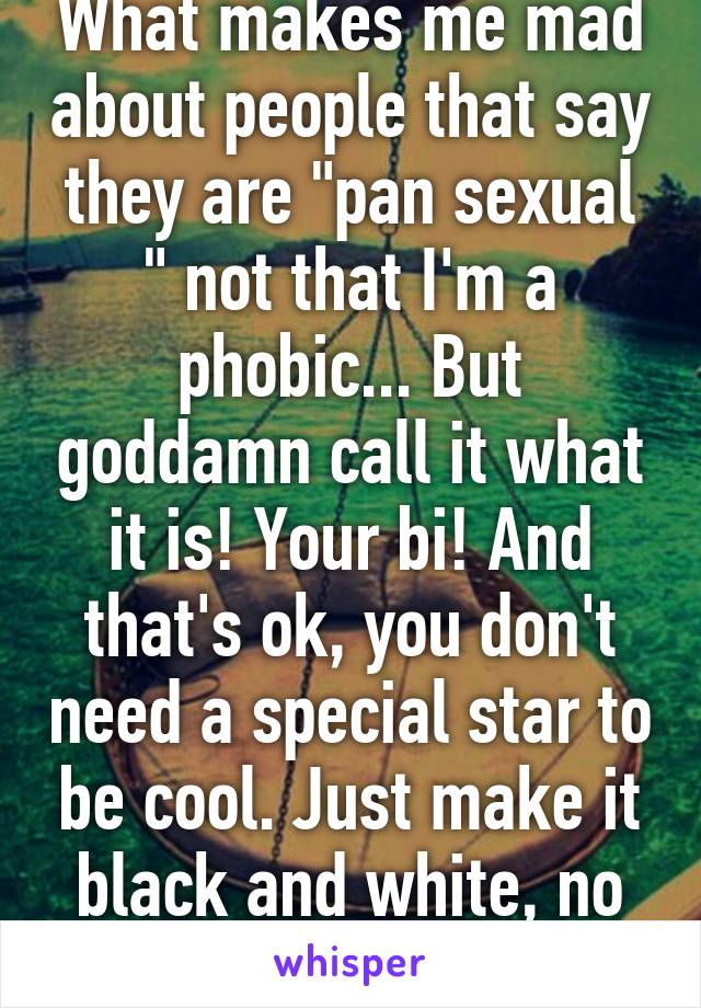 What makes me mad about people that say they are "pan sexual " not that I'm a phobic... But goddamn call it what it is! Your bi! And that's ok, you don't need a special star to be cool. Just make it black and white, no grey area