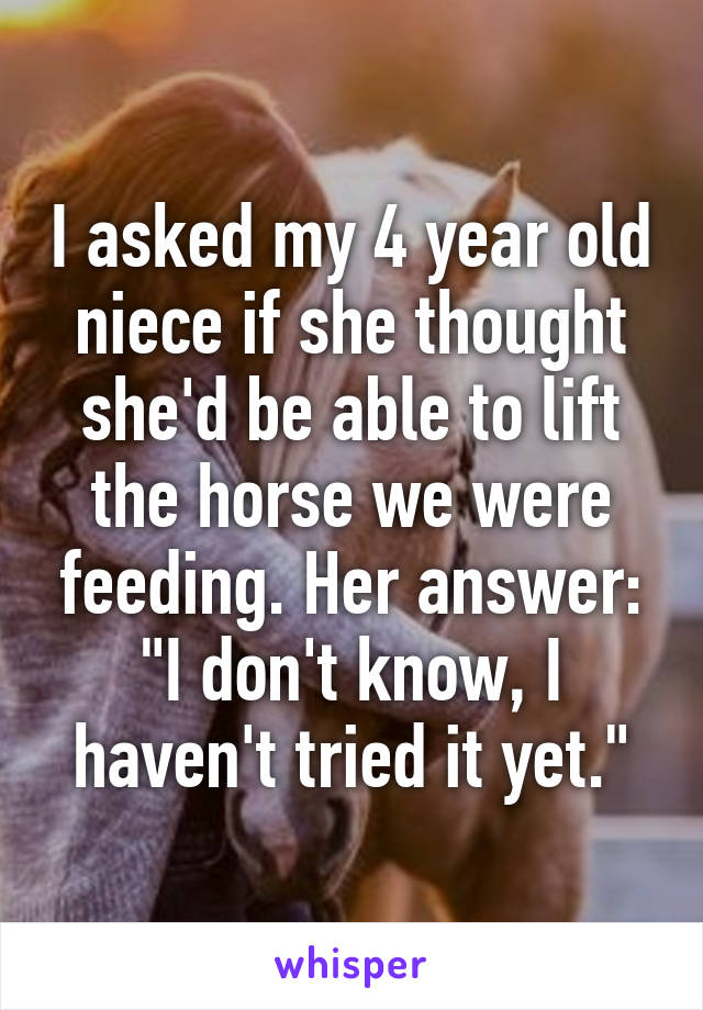 I asked my 4 year old niece if she thought she'd be able to lift the horse we were feeding. Her answer: "I don't know, I haven't tried it yet."