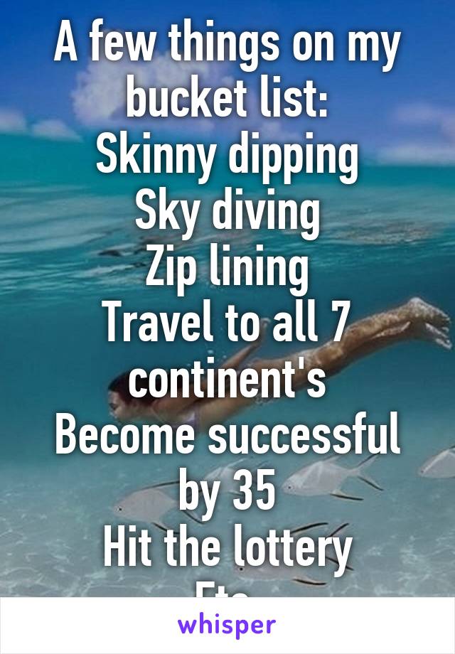 A few things on my bucket list:
Skinny dipping
Sky diving
Zip lining
Travel to all 7 continent's
Become successful by 35
Hit the lottery
Etc.