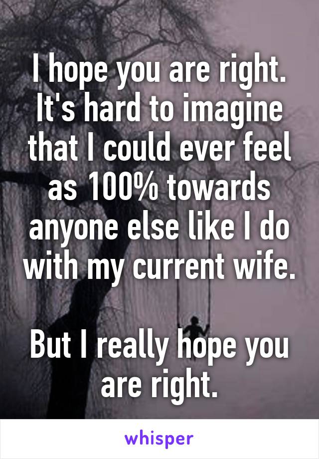 I hope you are right. It's hard to imagine that I could ever feel as 100% towards anyone else like I do with my current wife.

But I really hope you are right.