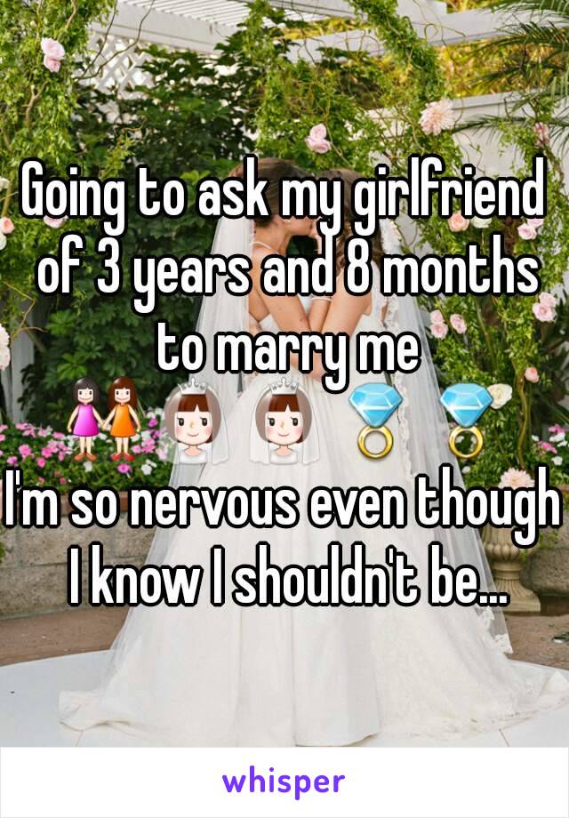 Going to ask my girlfriend of 3 years and 8 months to marry me
👭👰👰💍💍
I'm so nervous even though I know I shouldn't be...