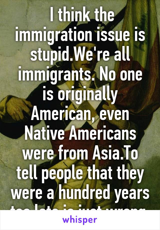  I think the immigration issue is stupid.We're all immigrants. No one is originally American, even Native Americans were from Asia.To tell people that they were a hundred years too late is just wrong.