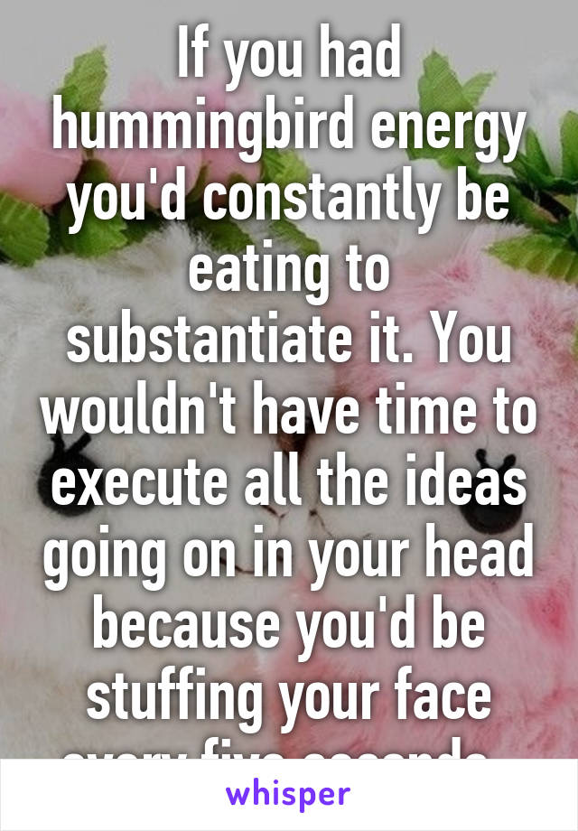 If you had hummingbird energy you'd constantly be eating to substantiate it. You wouldn't have time to execute all the ideas going on in your head because you'd be stuffing your face every five seconds. 