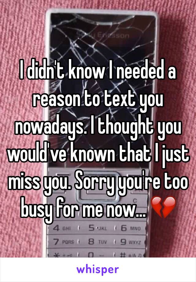 I didn't know I needed a reason to text you nowadays. I thought you would've known that I just miss you. Sorry you're too busy for me now... 💔