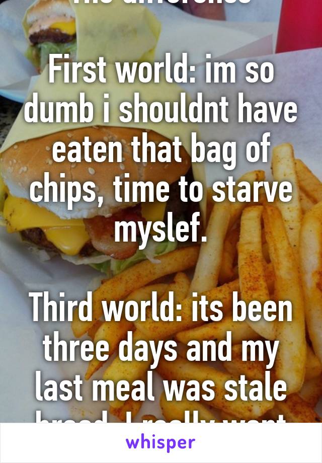 The difference

First world: im so dumb i shouldnt have eaten that bag of chips, time to starve myslef.

Third world: its been three days and my last meal was stale bread. I really want food.