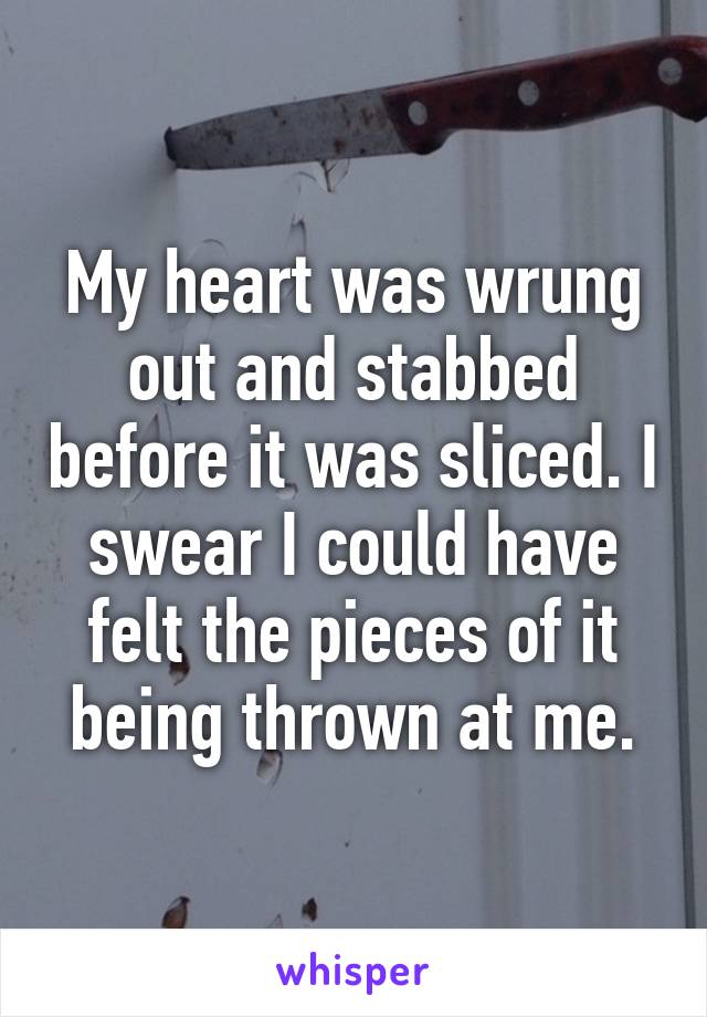 My heart was wrung out and stabbed before it was sliced. I swear I could have felt the pieces of it being thrown at me.