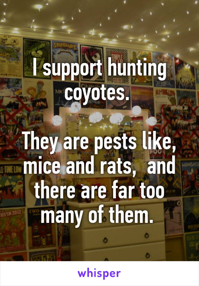 I support hunting coyotes. 

They are pests like, mice and rats,  and there are far too many of them. 