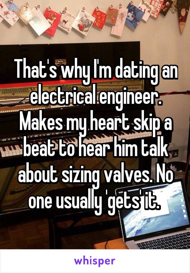 That's why I'm dating an electrical engineer. Makes my heart skip a beat to hear him talk about sizing valves. No one usually 'gets' it. 