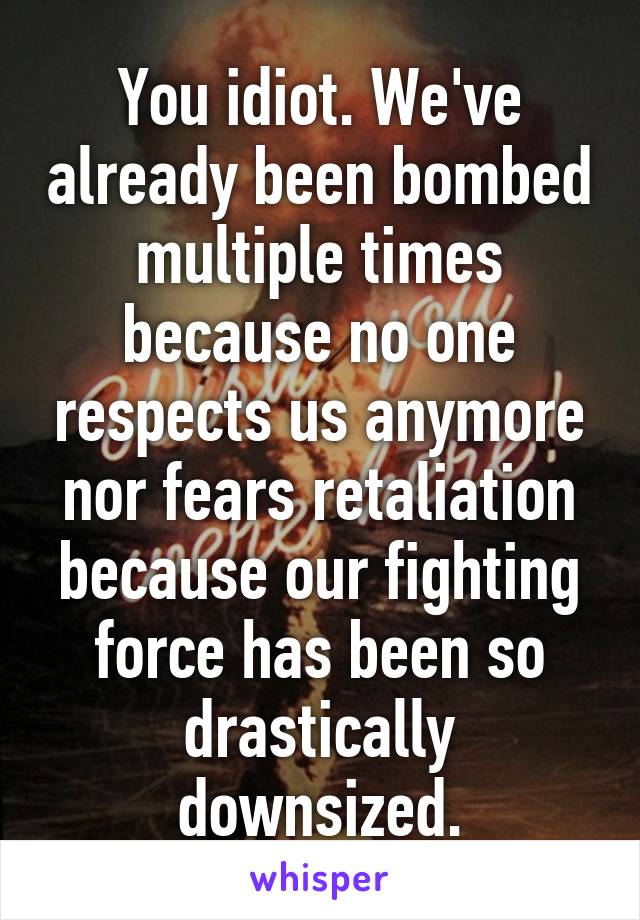 You idiot. We've already been bombed multiple times because no one respects us anymore nor fears retaliation because our fighting force has been so drastically downsized.