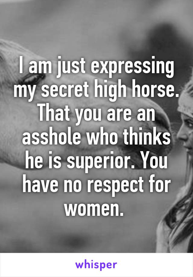 I am just expressing my secret high horse. That you are an asshole who thinks he is superior. You have no respect for women. 