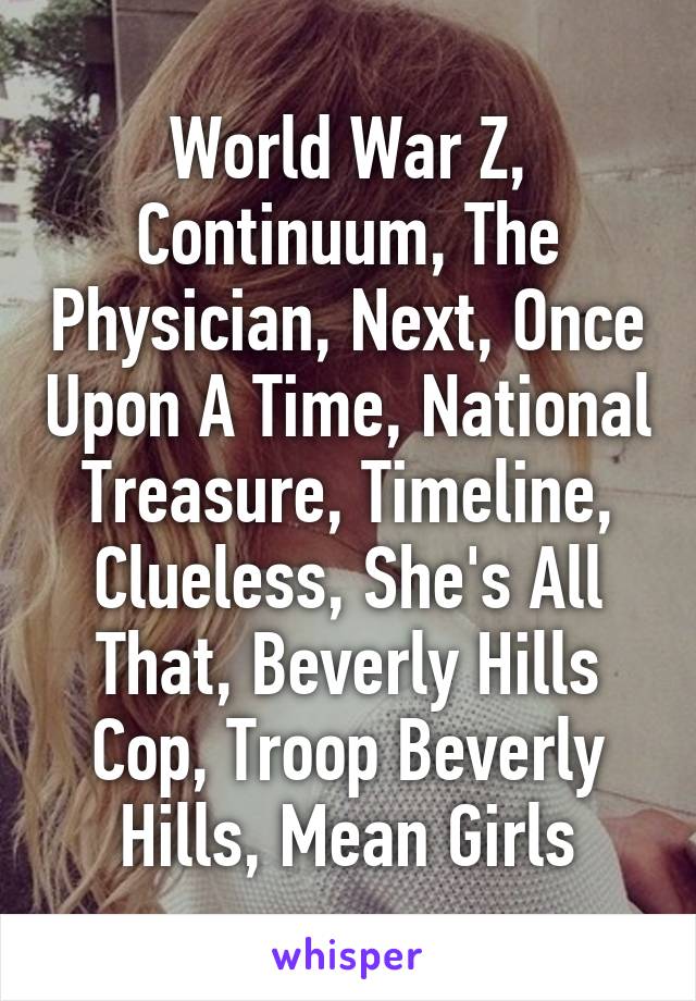 World War Z, Continuum, The Physician, Next, Once Upon A Time, National Treasure, Timeline, Clueless, She's All That, Beverly Hills Cop, Troop Beverly Hills, Mean Girls