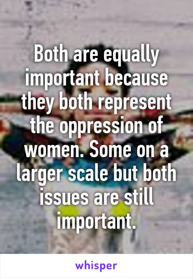 Both are equally important because they both represent the oppression of women. Some on a larger scale but both issues are still important.