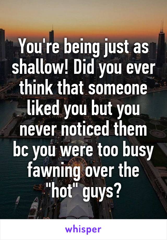 You're being just as shallow! Did you ever think that someone liked you but you never noticed them bc you were too busy fawning over the "hot" guys?