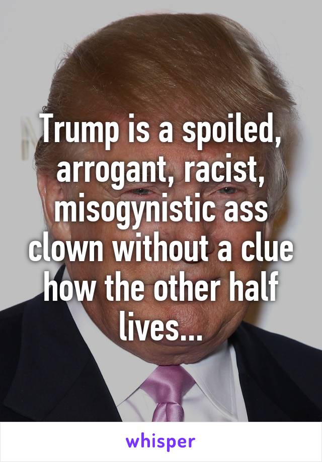 Trump is a spoiled, arrogant, racist, misogynistic ass clown without a clue how the other half lives...