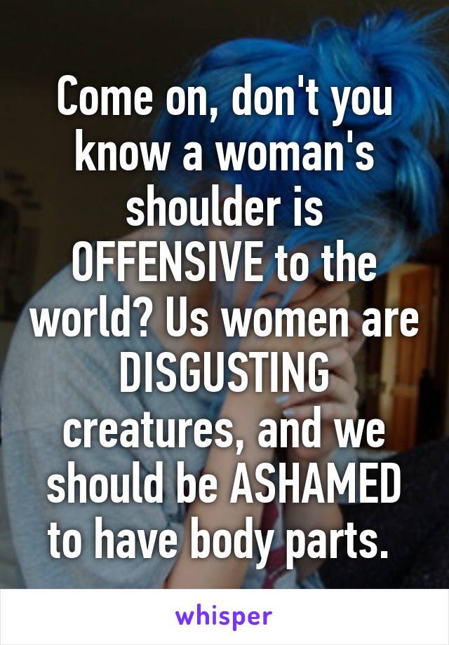 Come on, don't you know a woman's shoulder is OFFENSIVE to the world? Us women are DISGUSTING creatures, and we should be ASHAMED to have body parts. 