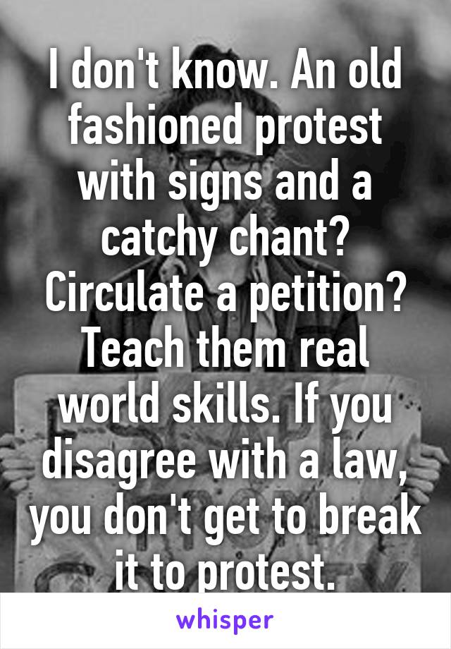 I don't know. An old fashioned protest with signs and a catchy chant? Circulate a petition? Teach them real world skills. If you disagree with a law, you don't get to break it to protest.