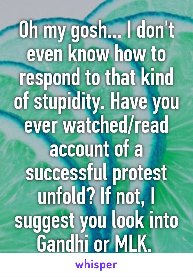 Oh my gosh... I don't even know how to respond to that kind of stupidity. Have you ever watched/read account of a successful protest unfold? If not, I suggest you look into Gandhi or MLK. 