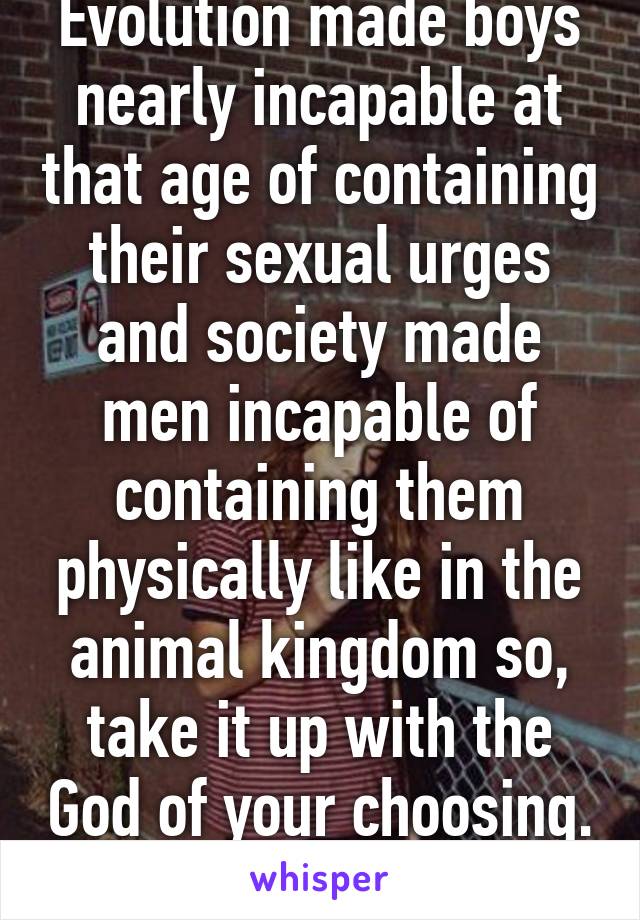 Evolution made boys nearly incapable at that age of containing their sexual urges and society made men incapable of containing them physically like in the animal kingdom so, take it up with the God of your choosing. This is life now.