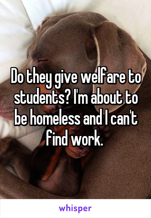 Do they give welfare to students? I'm about to be homeless and I can't find work. 