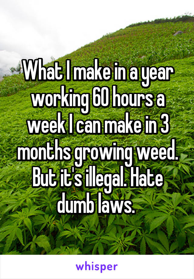 What I make in a year working 60 hours a week I can make in 3 months growing weed. But it's illegal. Hate dumb laws. 