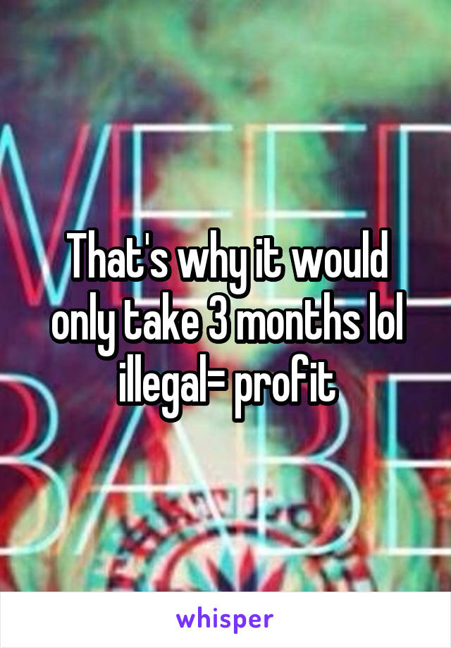 That's why it would only take 3 months lol illegal= profit