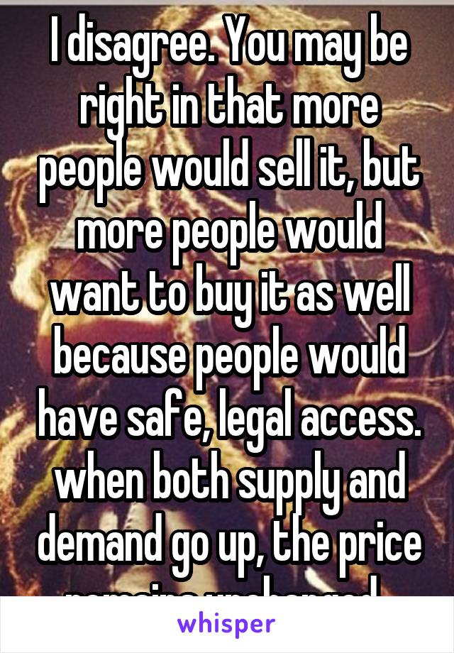 I disagree. You may be right in that more people would sell it, but more people would want to buy it as well because people would have safe, legal access. when both supply and demand go up, the price remains unchanged. 