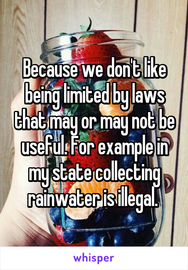 Because we don't like being limited by laws that may or may not be useful. For example in my state collecting rainwater is illegal. 