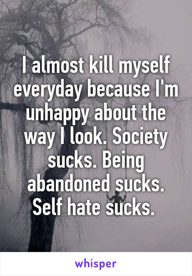 I almost kill myself everyday because I'm unhappy about the way I look. Society sucks. Being abandoned sucks. Self hate sucks. 