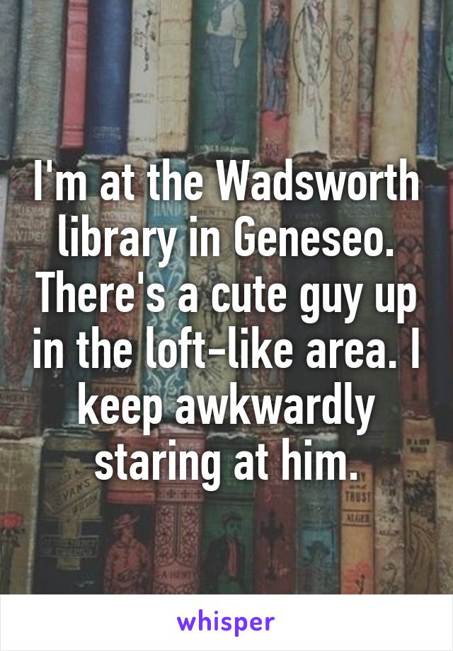 I'm at the Wadsworth library in Geneseo. There's a cute guy up in the loft-like area. I keep awkwardly staring at him.