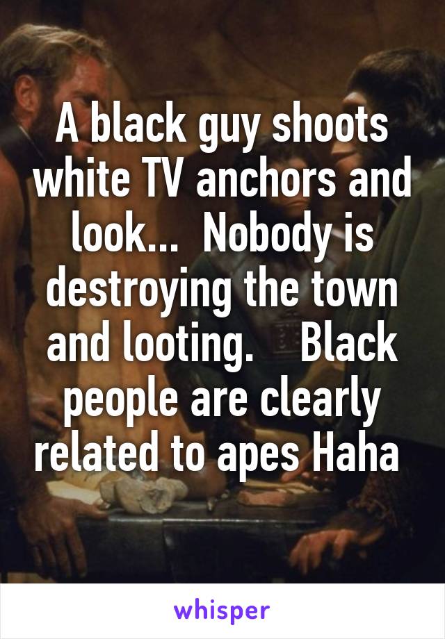 A black guy shoots white TV anchors and look...  Nobody is destroying the town and looting.    Black people are clearly related to apes Haha  