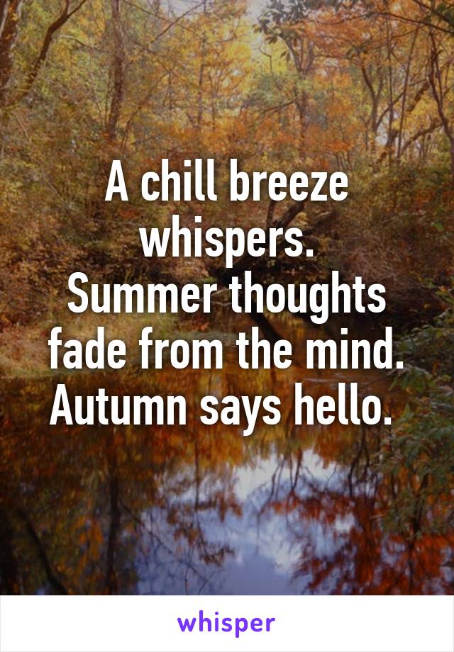 A chill breeze whispers.
Summer thoughts fade from the mind.
Autumn says hello. 
