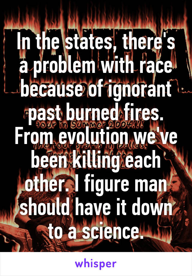 In the states, there's a problem with race because of ignorant past burned fires. From evolution we've been killing each other. I figure man should have it down to a science.