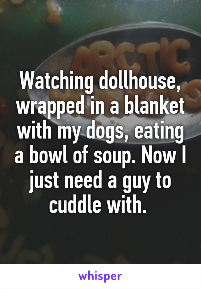 Watching dollhouse, wrapped in a blanket with my dogs, eating a bowl of soup. Now I just need a guy to cuddle with. 