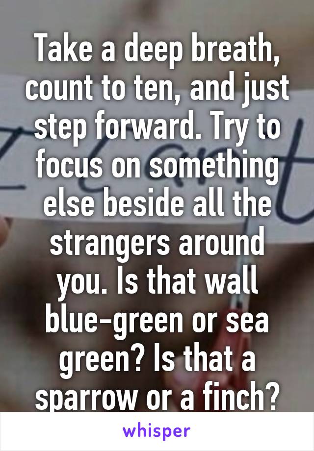 Take a deep breath, count to ten, and just step forward. Try to focus on something else beside all the strangers around you. Is that wall blue-green or sea green? Is that a sparrow or a finch?