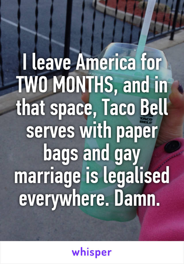 I leave America for TWO MONTHS, and in that space, Taco Bell serves with paper bags and gay marriage is legalised everywhere. Damn. 