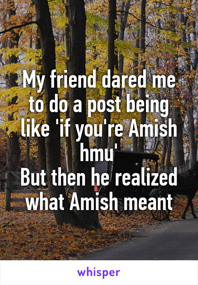 My friend dared me to do a post being like 'if you're Amish hmu'
But then he realized what Amish meant