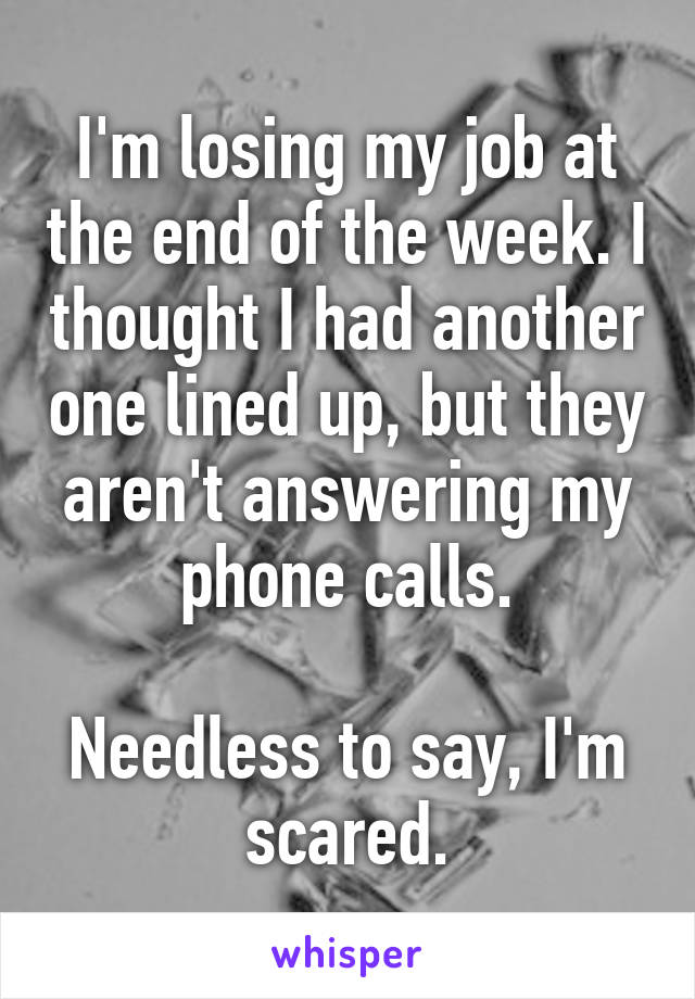 I'm losing my job at the end of the week. I thought I had another one lined up, but they aren't answering my phone calls.

Needless to say, I'm scared.