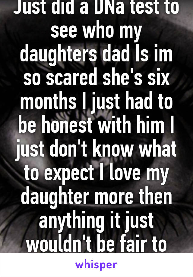 Just did a DNa test to see who my daughters dad Is im so scared she's six months I just had to be honest with him I just don't know what to expect I love my daughter more then anything it just wouldn't be fair to hide it 