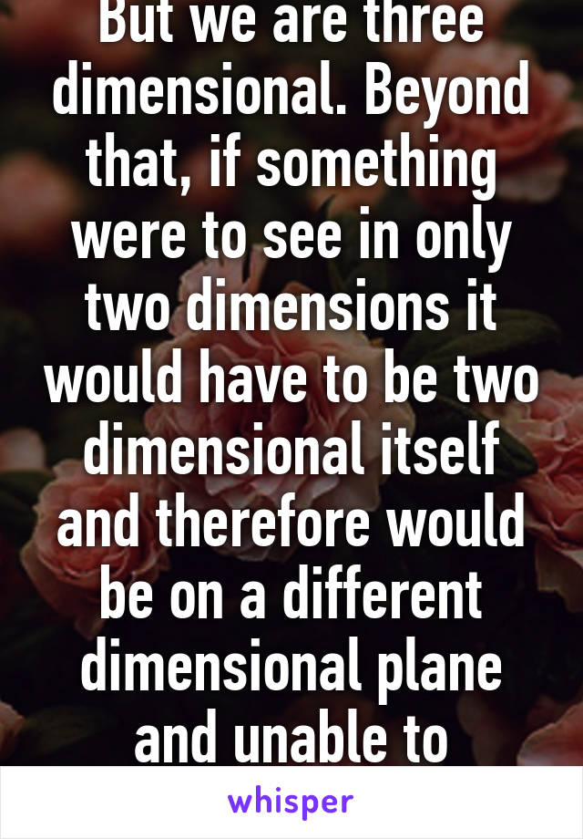 But we are three dimensional. Beyond that, if something were to see in only two dimensions it would have to be two dimensional itself and therefore would be on a different dimensional plane and unable to observe humanity.