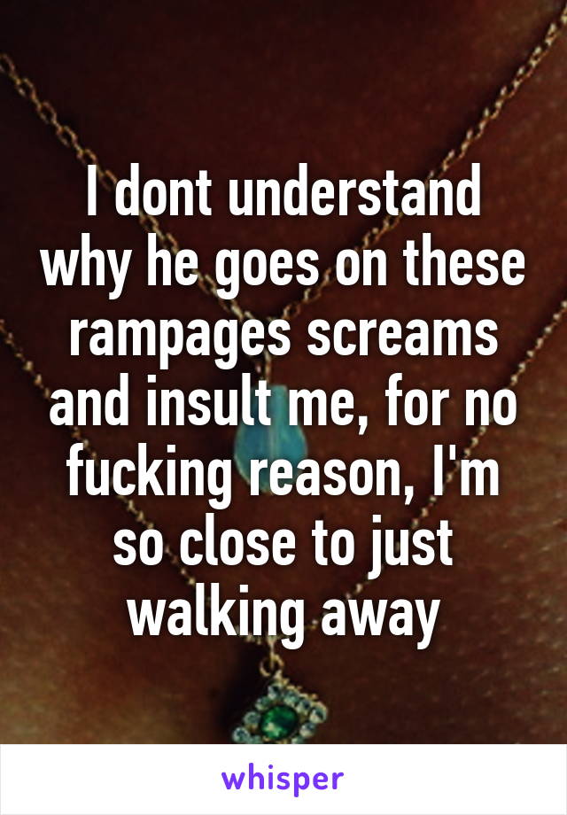 I dont understand why he goes on these rampages screams and insult me, for no fucking reason, I'm so close to just walking away