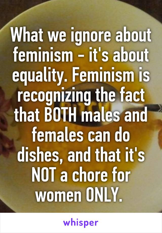 What we ignore about feminism - it's about equality. Feminism is recognizing the fact that BOTH males and females can do dishes, and that it's NOT a chore for women ONLY. 