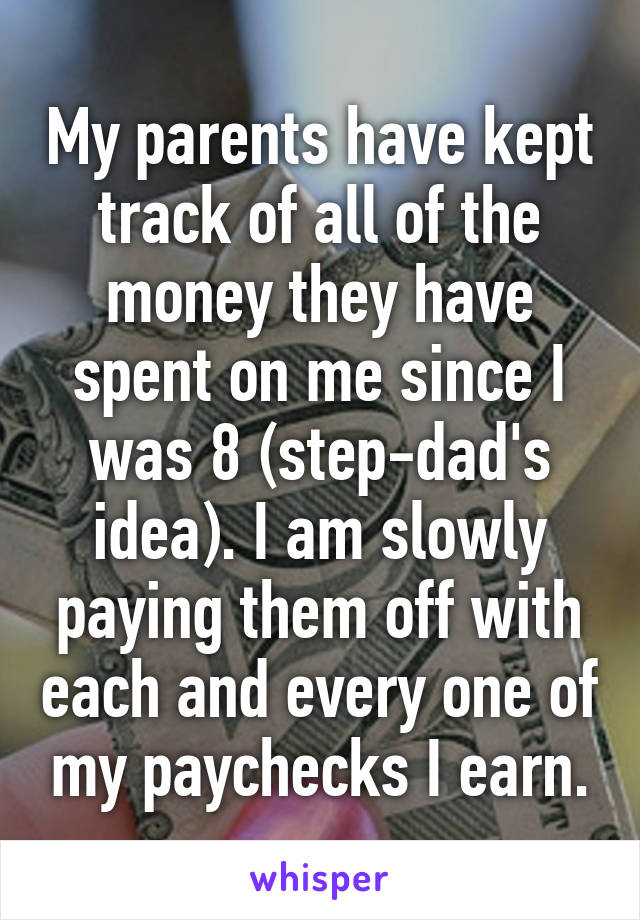 My parents have kept track of all of the money they have spent on me since I was 8 (step-dad's idea). I am slowly paying them off with each and every one of my paychecks I earn.