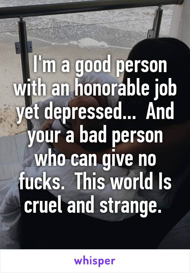   I'm a good person with an honorable job yet depressed...  And your a bad person who can give no fucks.  This world Is cruel and strange. 