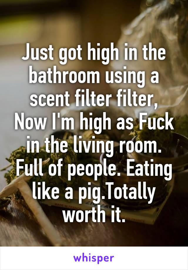 Just got high in the bathroom using a scent filter filter, Now I'm high as Fuck in the living room. Full of people. Eating like a pig.Totally worth it.