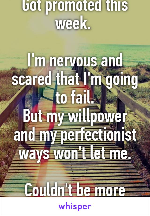 Got promoted this week. 

I'm nervous and scared that I'm going to fail.
But my willpower and my perfectionist ways won't let me.

Couldn't be more excited!