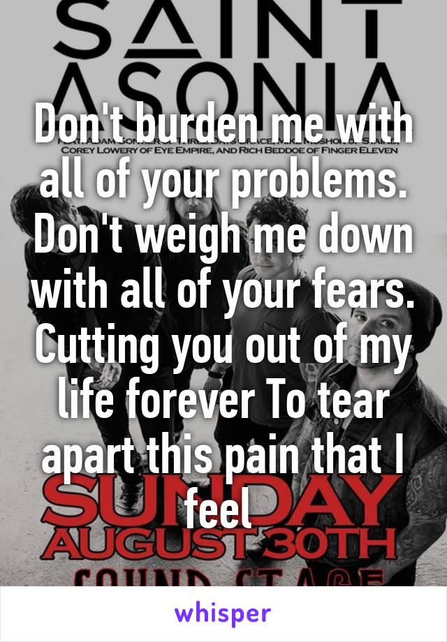 Don't burden me with all of your problems. Don't weigh me down with all of your fears. Cutting you out of my life forever To tear apart this pain that I feel 