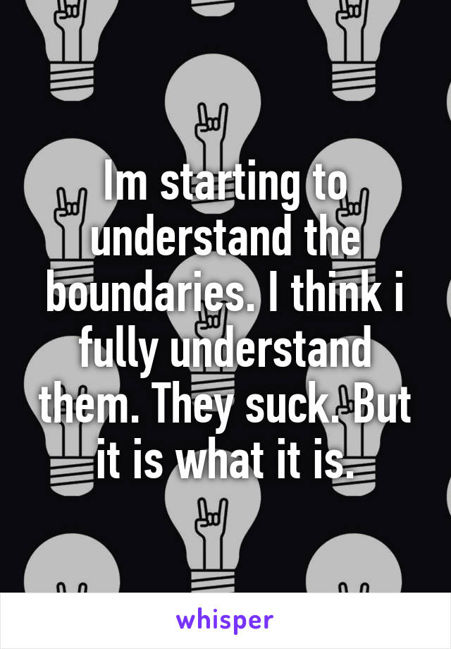 Im starting to understand the boundaries. I think i fully understand them. They suck. But it is what it is.