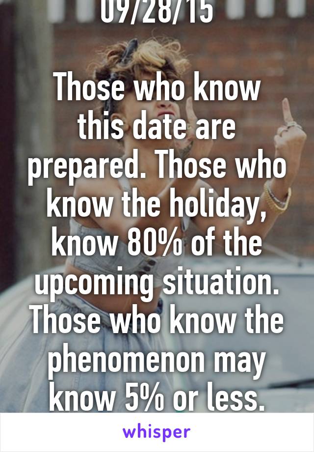 09/28/15

Those who know this date are prepared. Those who know the holiday, know 80% of the upcoming situation. Those who know the phenomenon may know 5% or less.
Stay. Safe. 