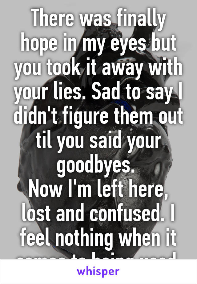 There was finally hope in my eyes but you took it away with your lies. Sad to say I didn't figure them out til you said your goodbyes. 
Now I'm left here, lost and confused. I feel nothing when it comes to being used.