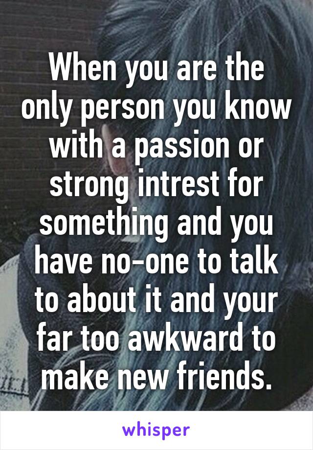 When you are the only person you know with a passion or strong intrest for something and you have no-one to talk to about it and your far too awkward to make new friends.